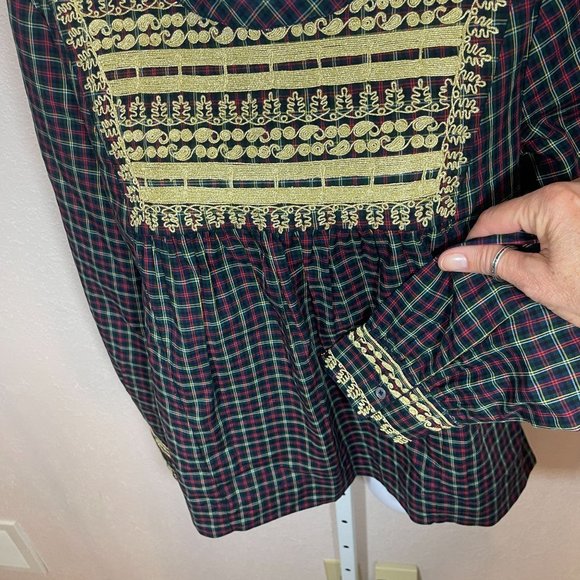 J. Crew Plaid Peasant Blouse Gold Braid Yoke Holiday Embroidered Top XS - Picture 4 of 11